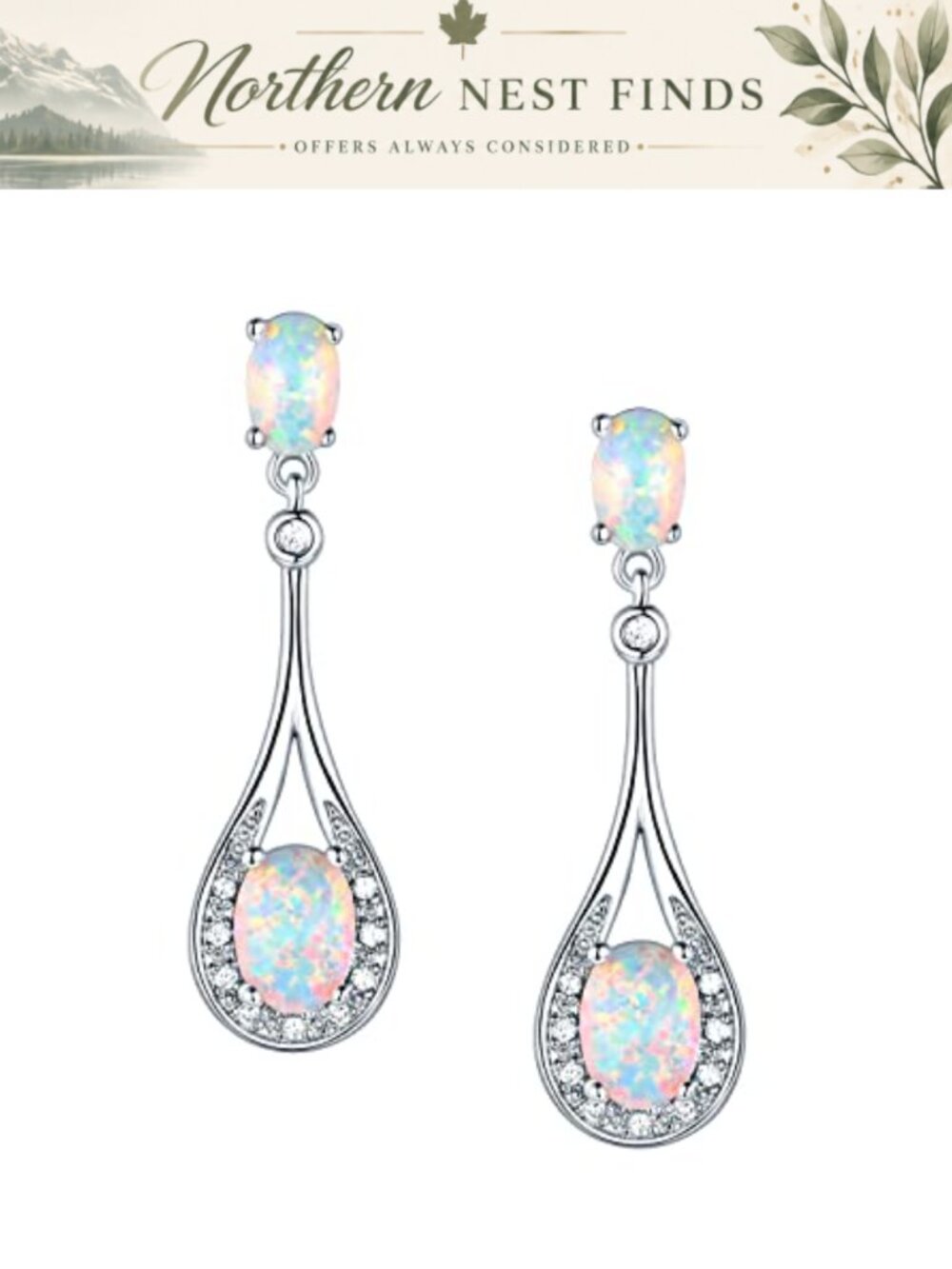 White Opal Drop Earrings 18K White Gold Plated Dangle Birthday Gift for Women